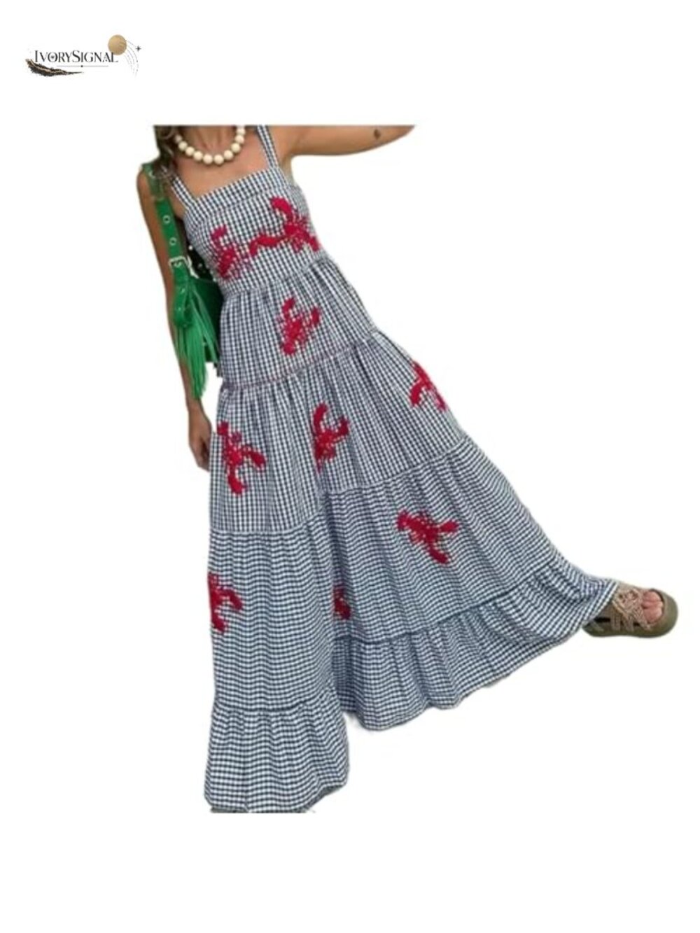 Gingham Maxi Dress Lobster Print Ruffled Linen Sun Dress
